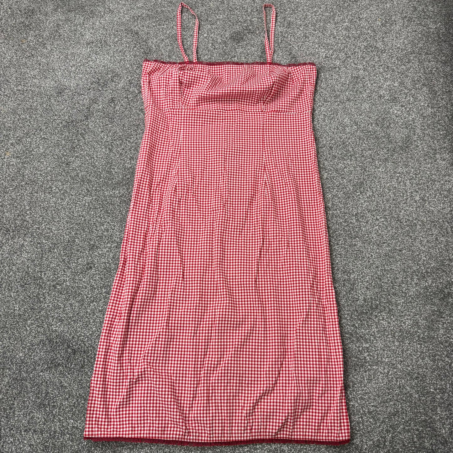 90s Y2K vintage gingham milkmaid midi dress frill bust trim red white stretchy