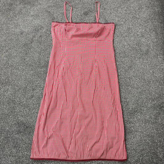 90s Y2K vintage gingham milkmaid midi dress frill bust trim red white stretchy