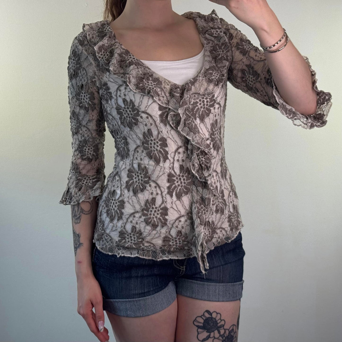 Y2K vintage lace frilly 3/4 sleeve top v open neck floral flower ruffle sheer