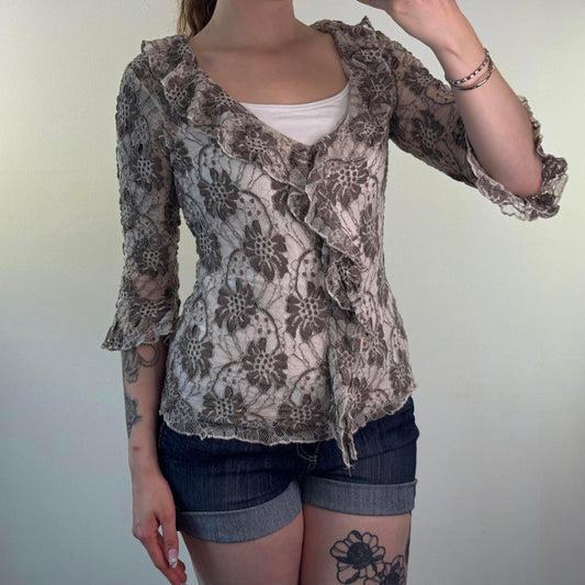 Y2K vintage lace frilly 3/4 sleeve top v open neck floral flower ruffle sheer