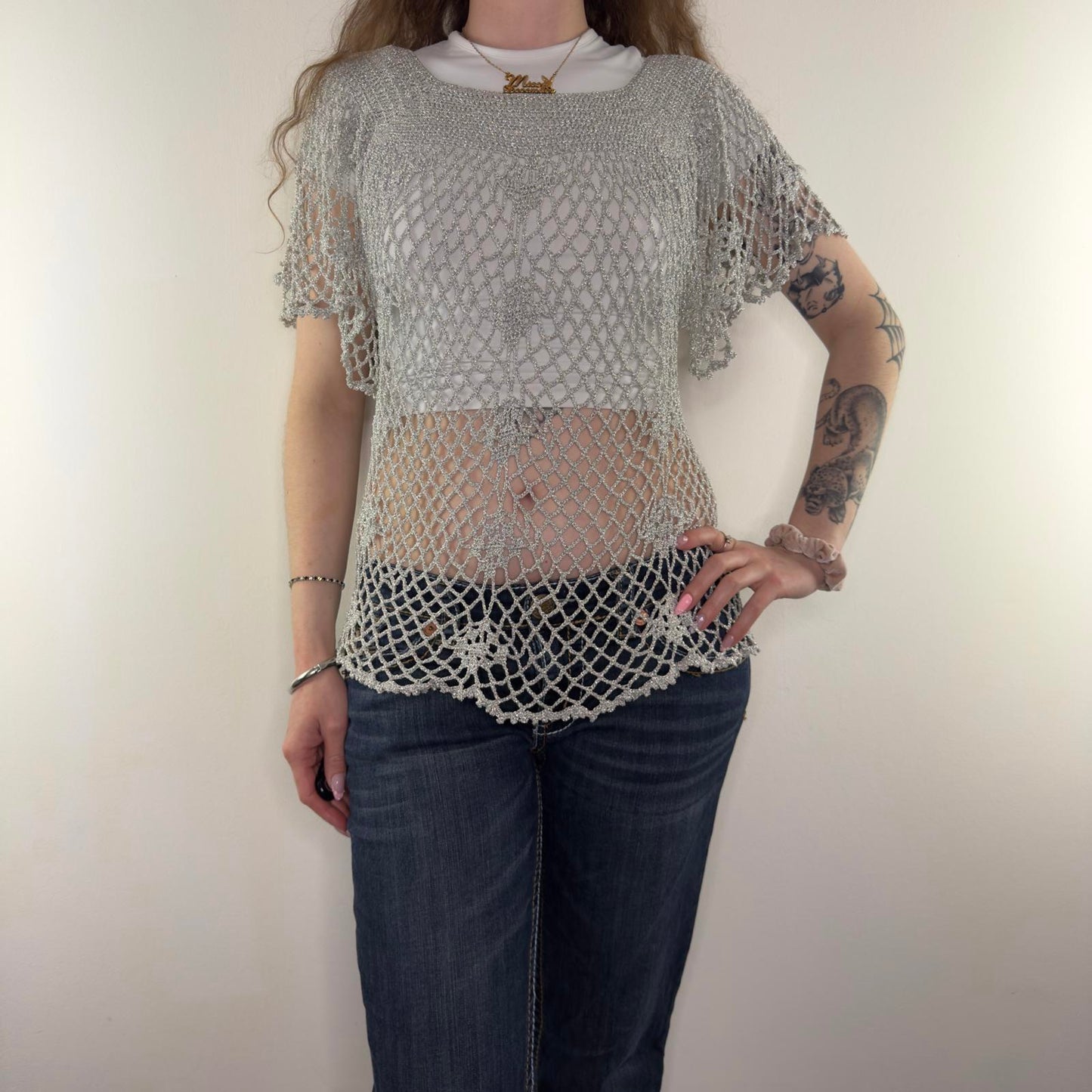 Y2K vintage crochet sparkly square neck top