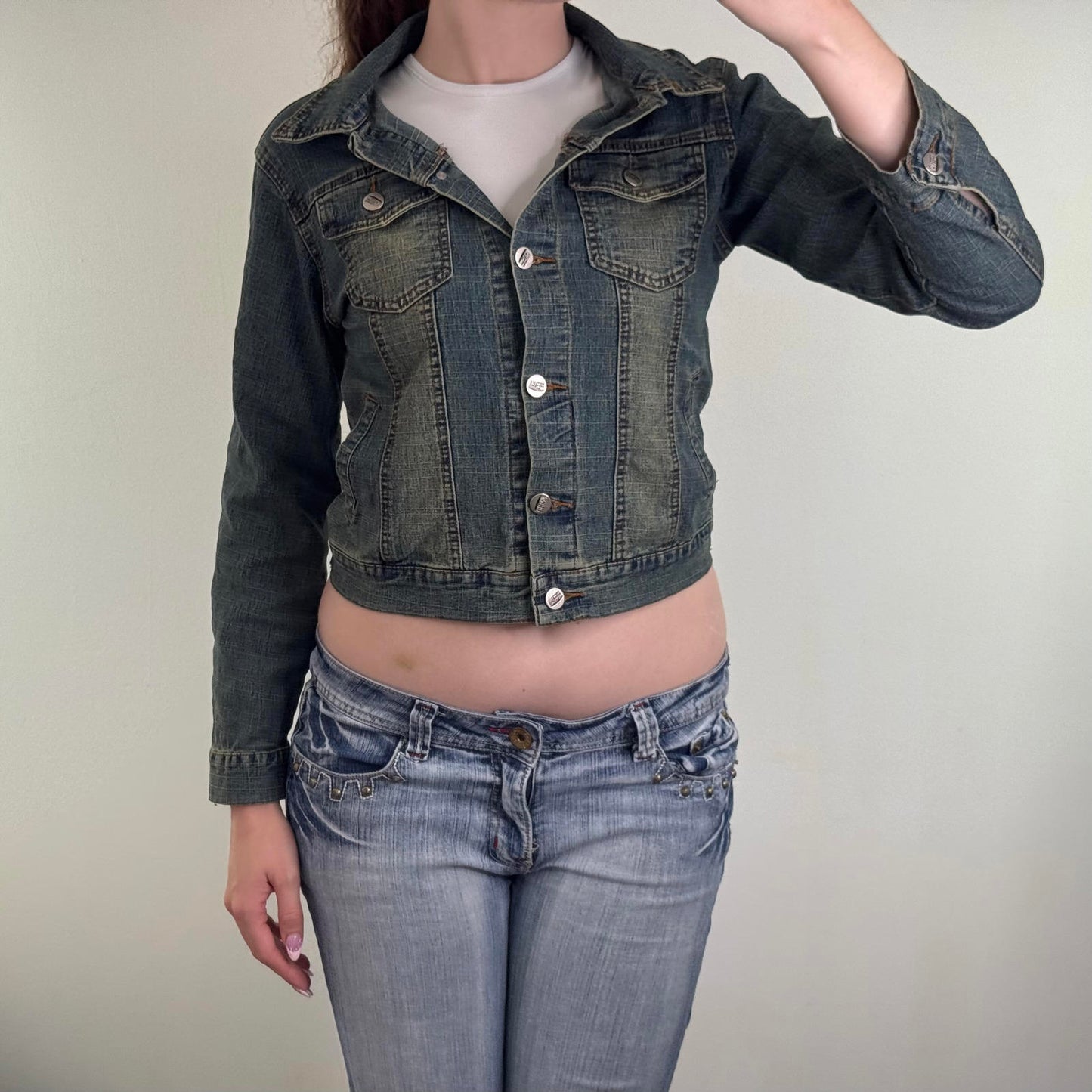 Y2K vintage fitted faded denim button up jacket dirty wash archive slight crop