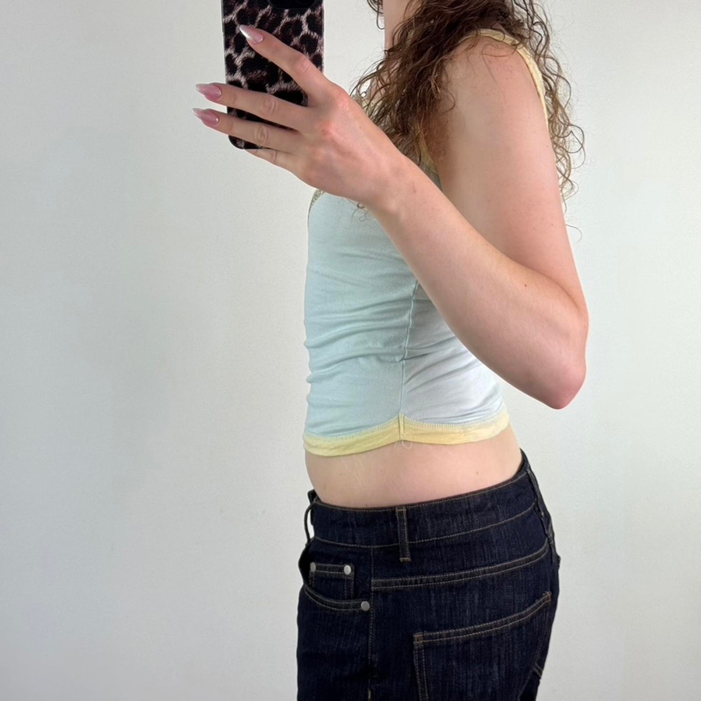 Y2K vintage cut out lips tank top rhinestone baby blue yellow ringer slight crop