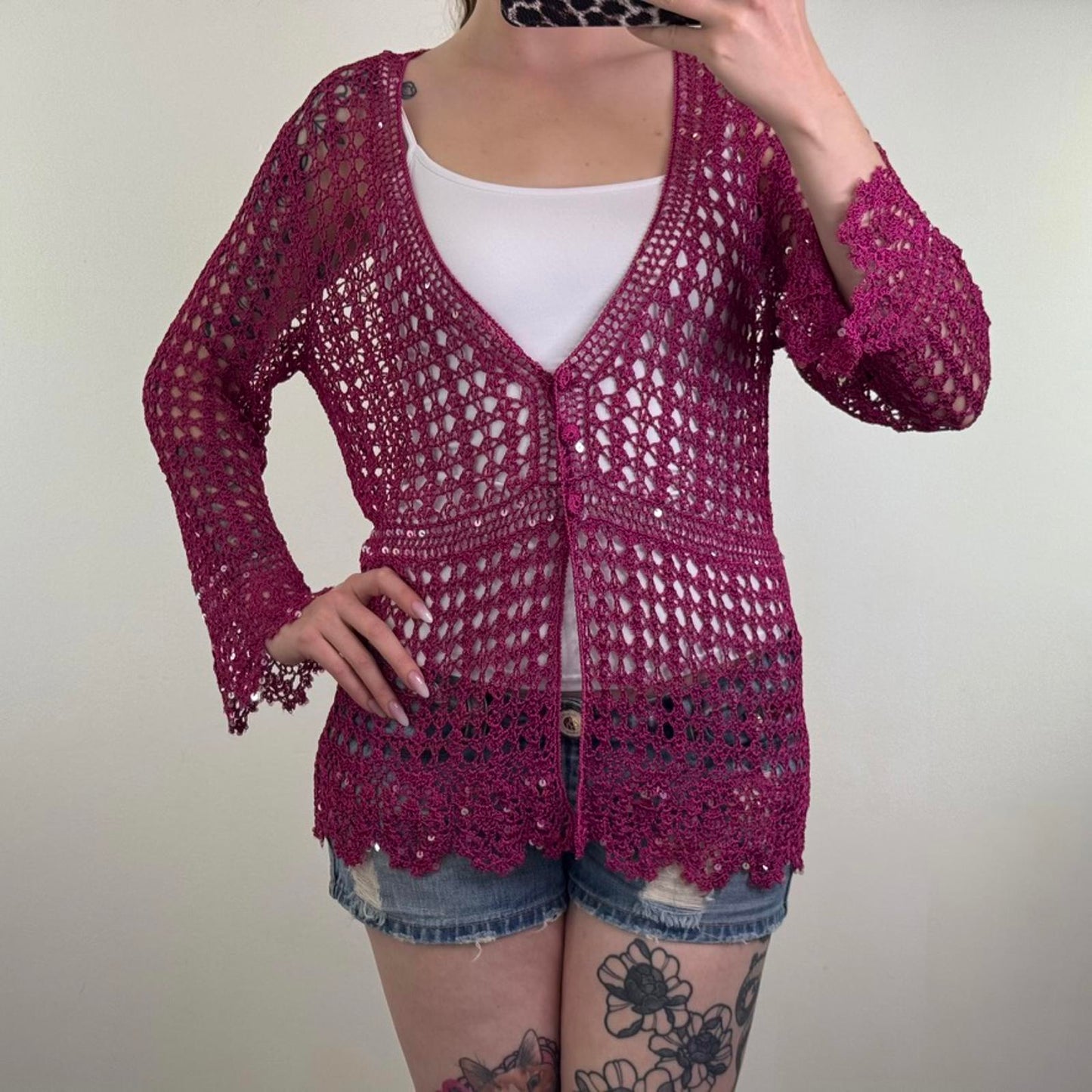 Y2K vintage crochet cardigan sequin button up scallop hem pink v neck knit sheer