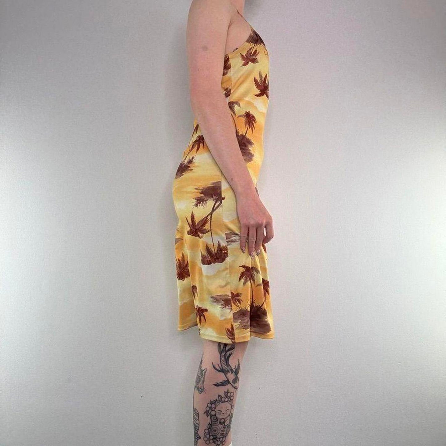 Y2K vintage stretchy summer sunset palm tree halter neck midi dress beach