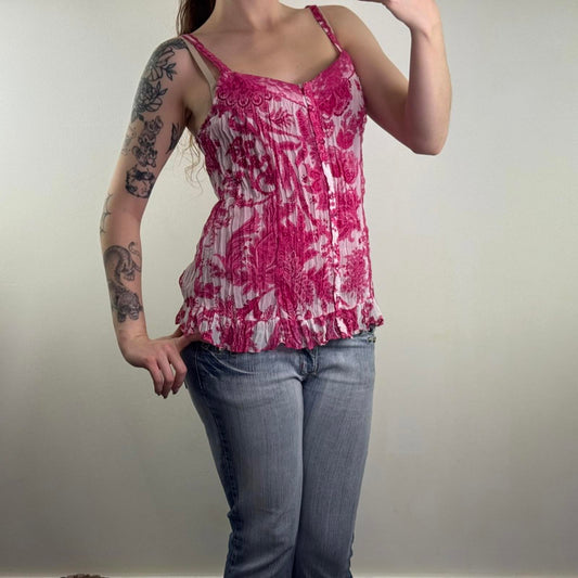 Y2K vintage crinkle button up top strappy paisley print lace trim frill hem