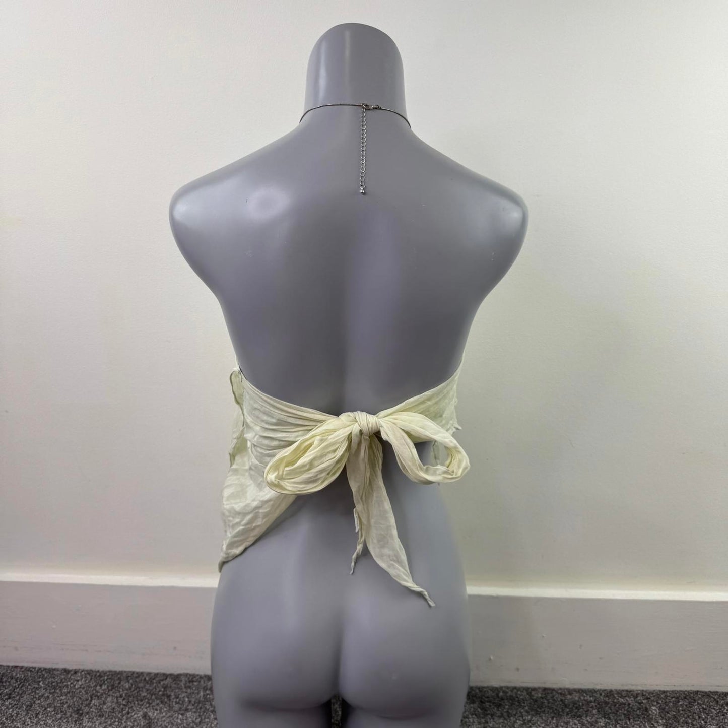Y2K vintage layered strapless bandeau top bow cotton pale yellow asymmetrical