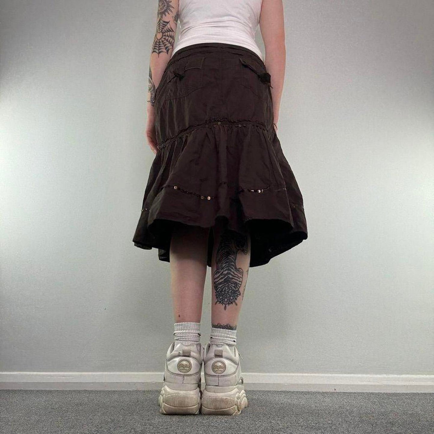 Y2K vintage asymmetrical cargo sequin midi skirt a line floaty embellished bow