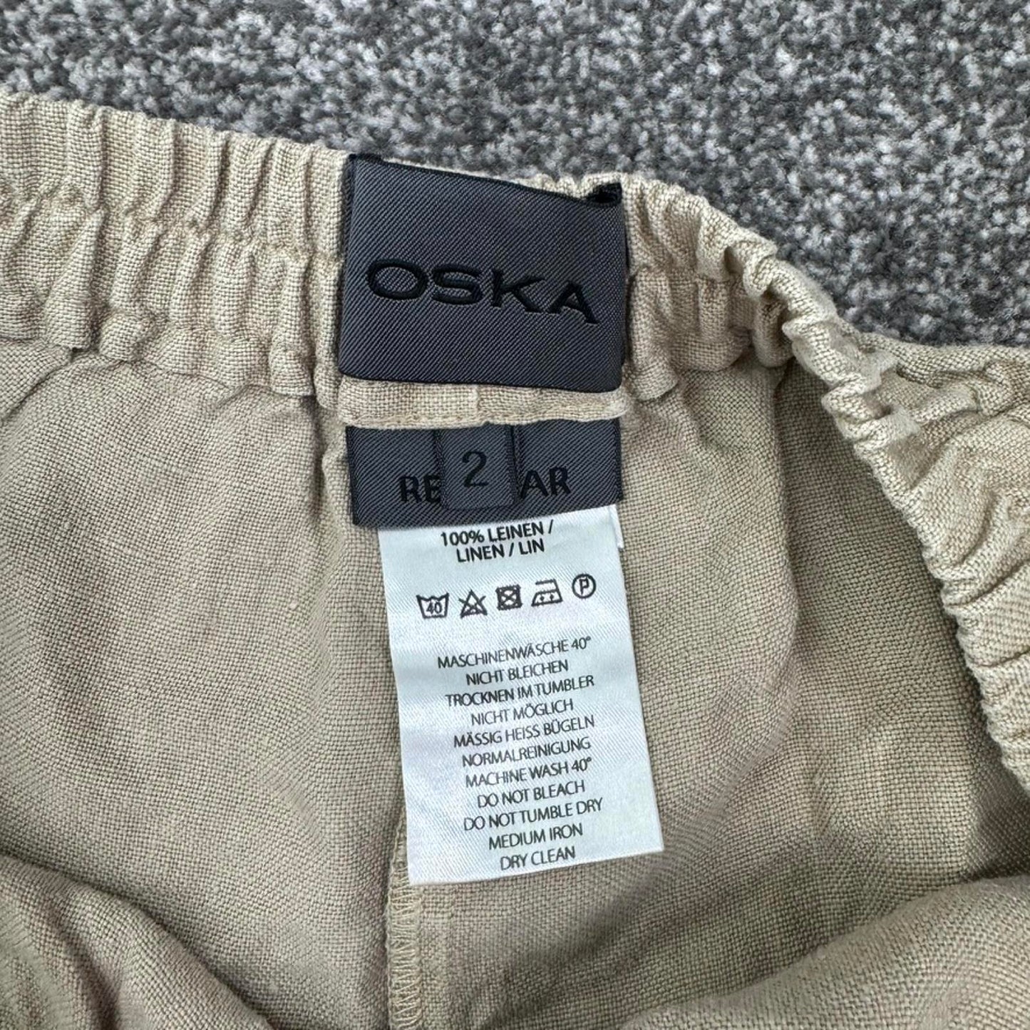Oska 100% linen trousers lightweight baggy cargo pockets beige stretch waistband