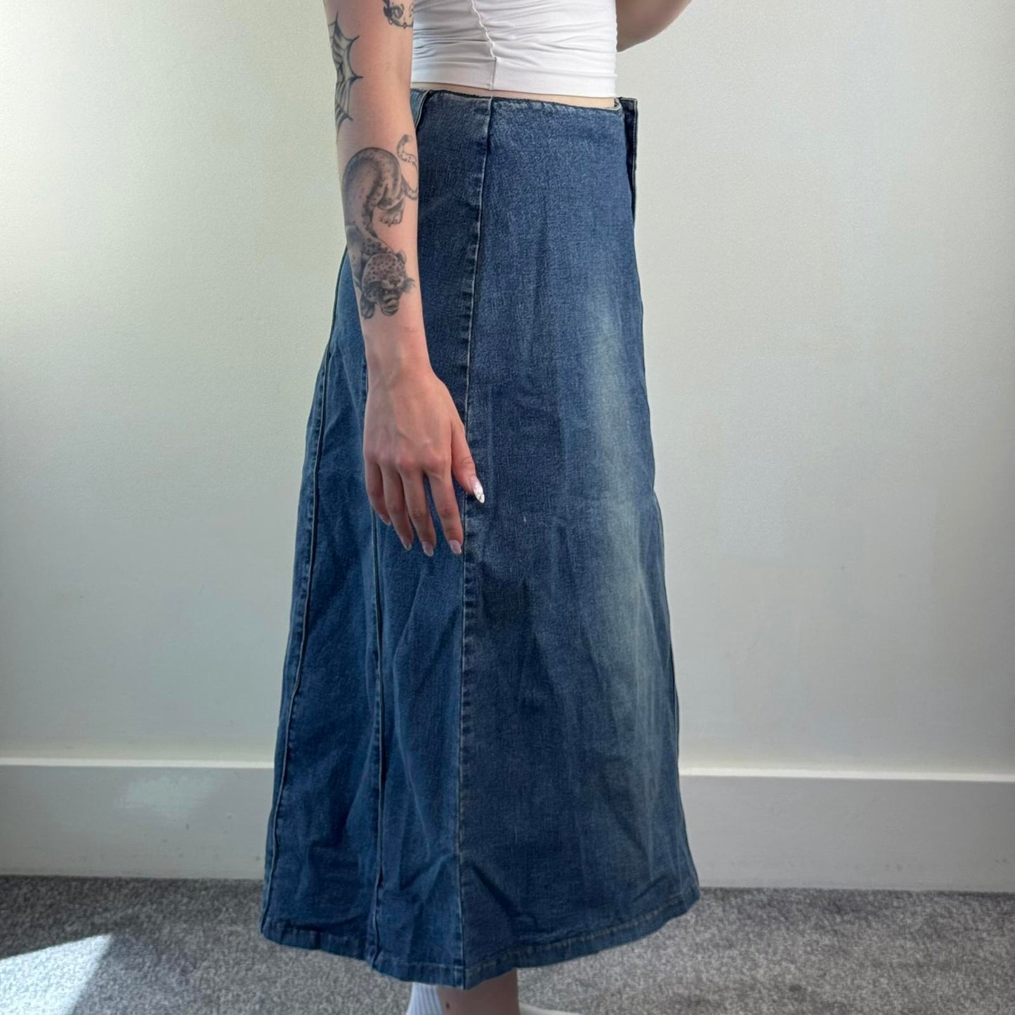 Y2K vintage denim maxi skirt a line stretchy faded light blue wash