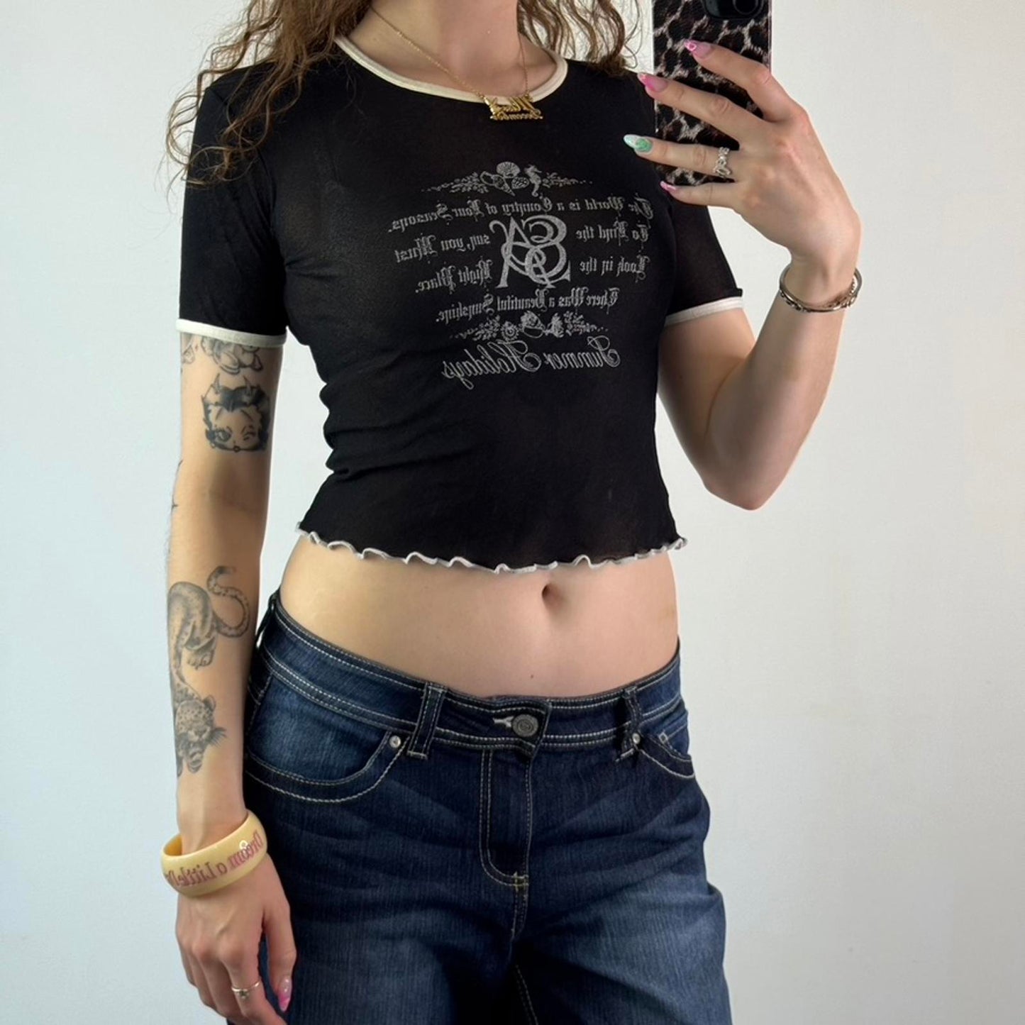 90s Y2K vintage mesh short sleeve crop top graphic print lettuce hem ringer text