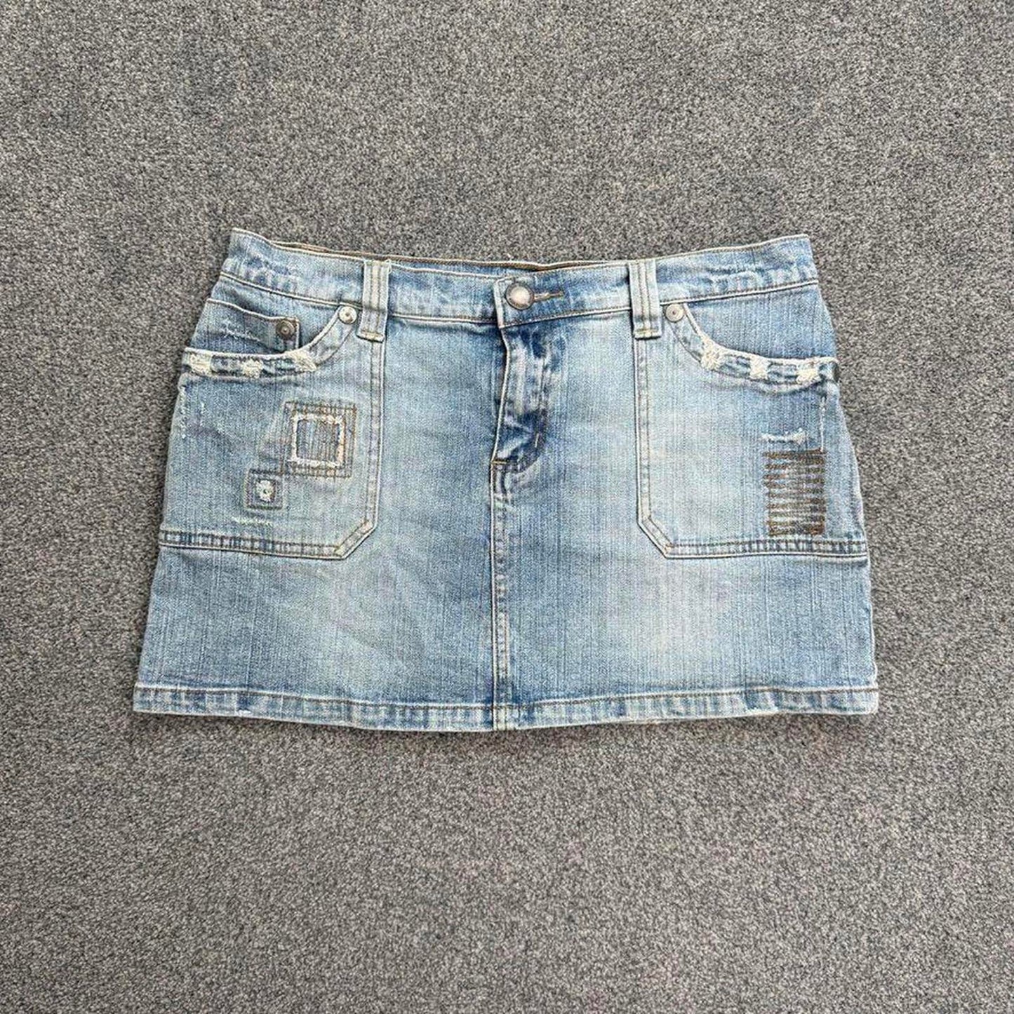 Y2K vintage low rise denim mini skirt distressed faded pockets stitching - UK 12