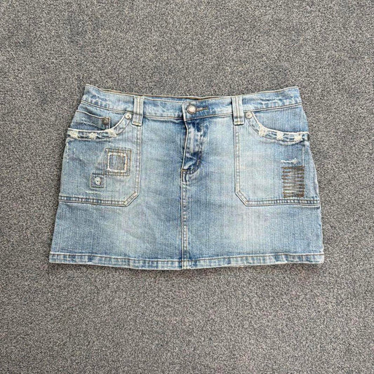 Y2K vintage low rise denim mini skirt distressed faded pockets stitching - UK 12