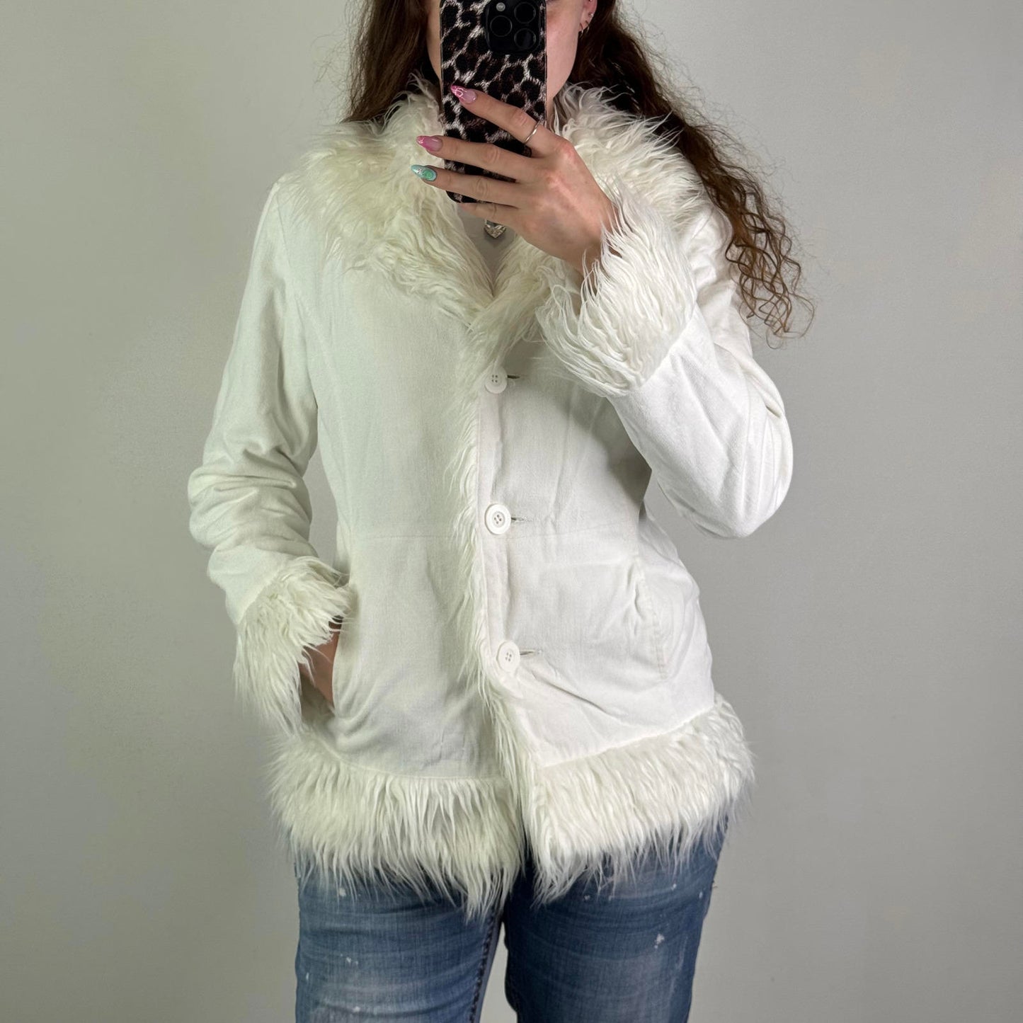 Y2K vintage afghan faux fur trim coat button up soft touch jacket white size 10