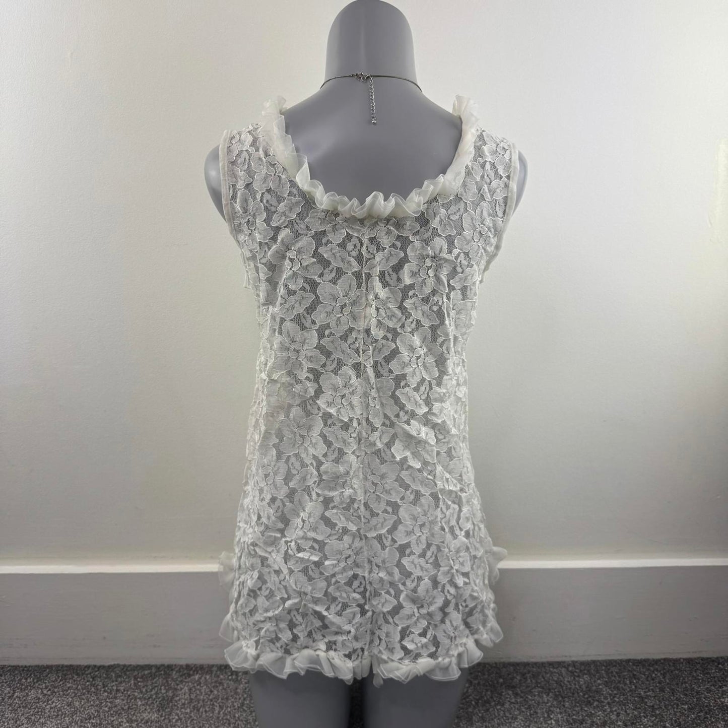 True vintage lace sheer long blouse sleeveless ruffle hem floral white coquette