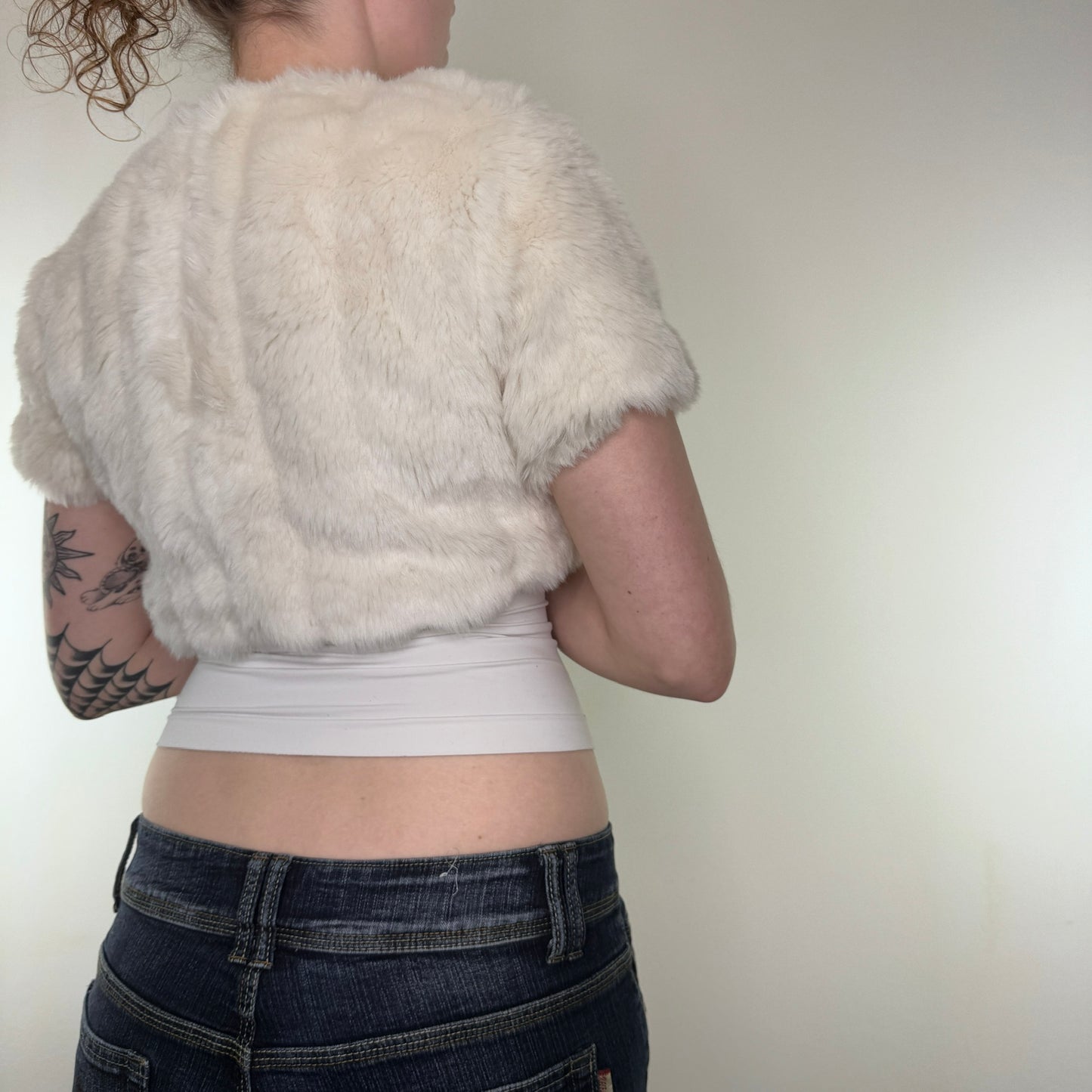 Y2K vintage faux fur cropped short sleeve jacket