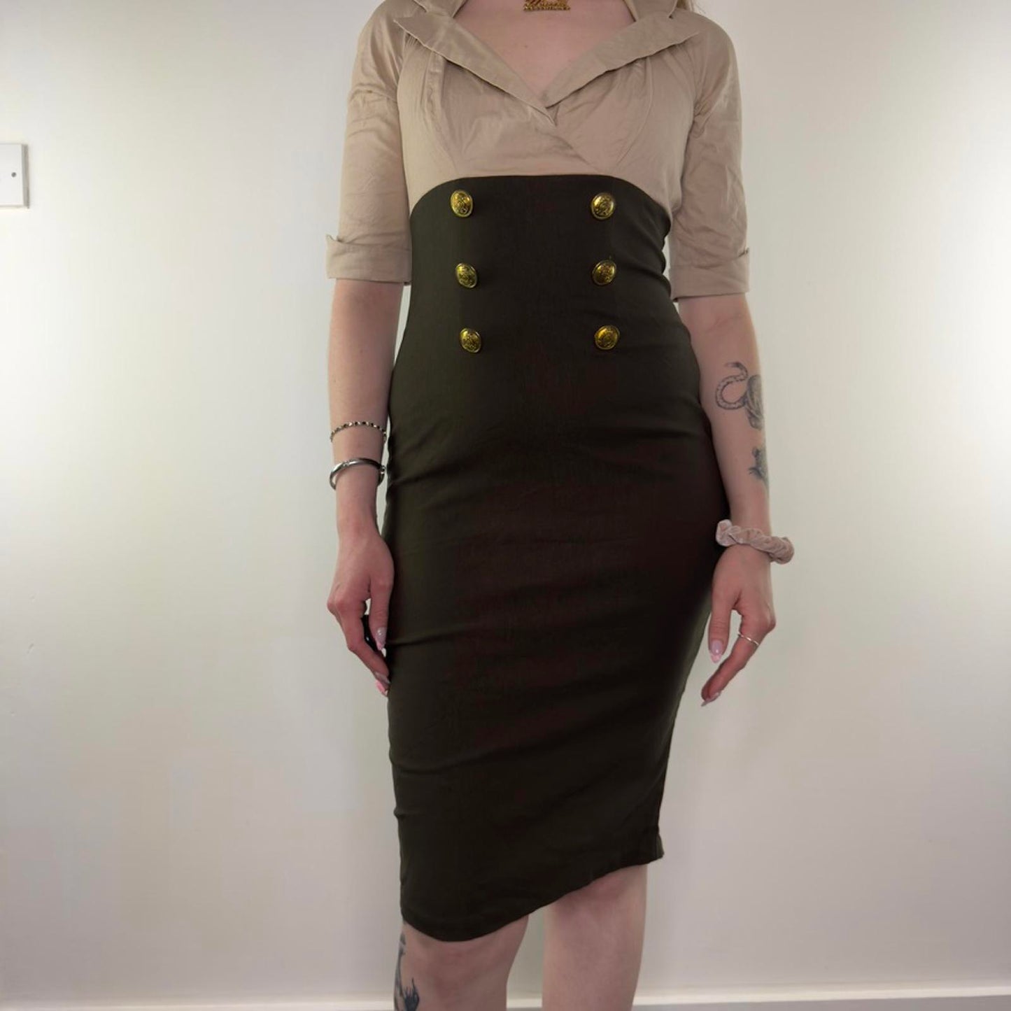 Pinup Couture military dress midi rockabilly stretchy fitted khaki beige