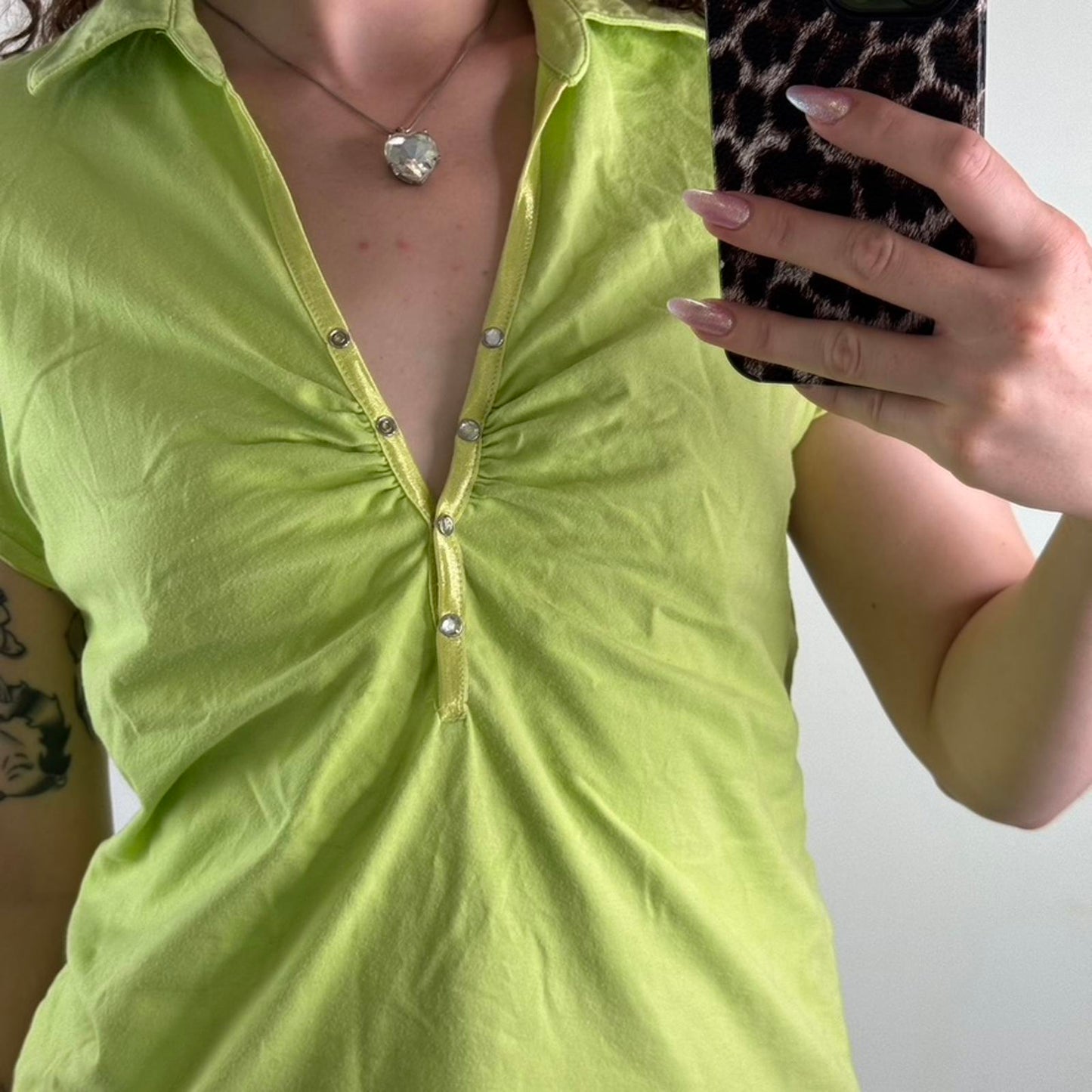 Y2K vintage ruched button up short sleeve polo t shirt bright green v neck