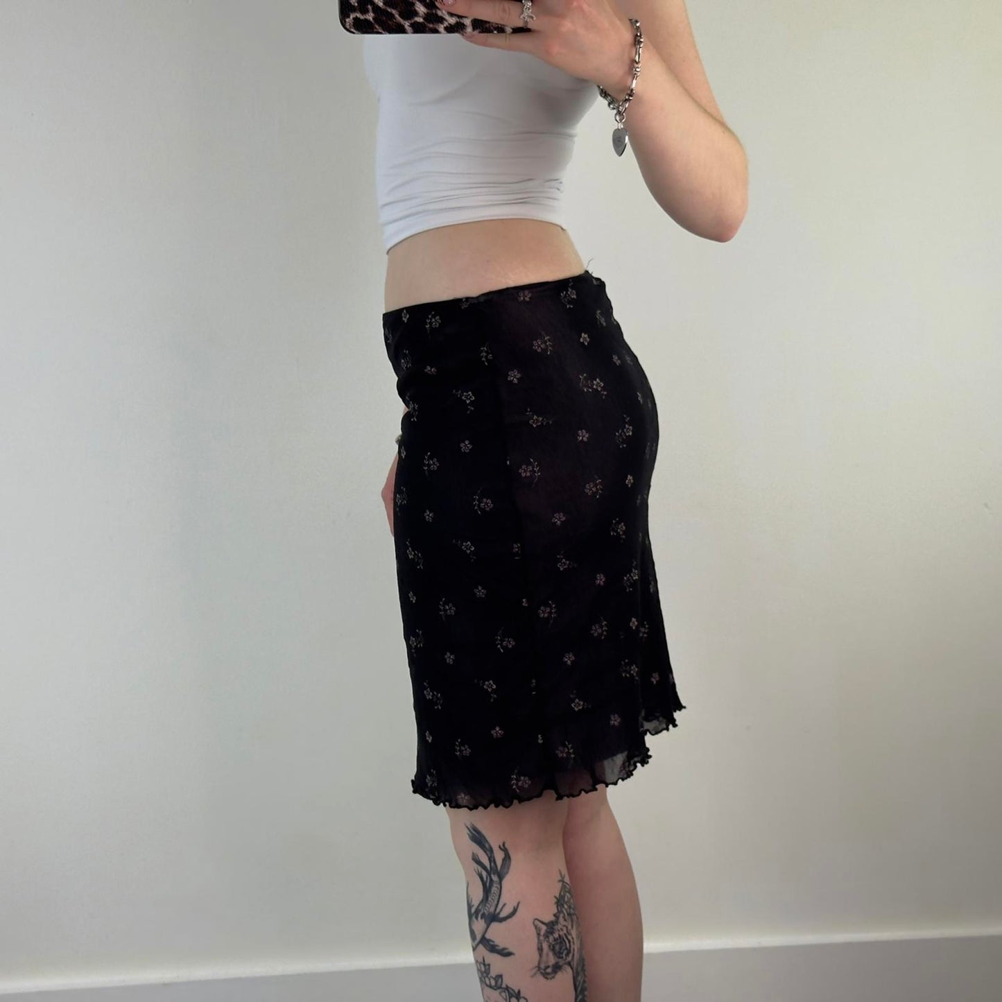 Y2K vintage stretchy mesh midi skirt black with lilac flowers floral print