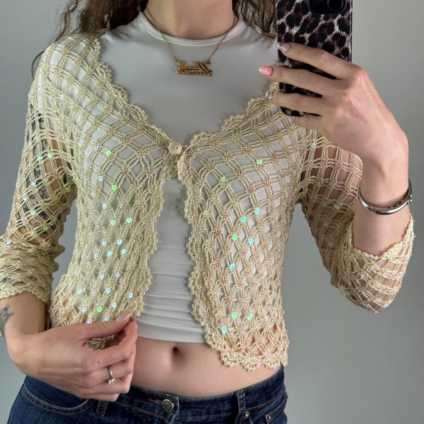 Y2K vintage sequin crochet scallop hem button cardigan 3/4 sleeve summer