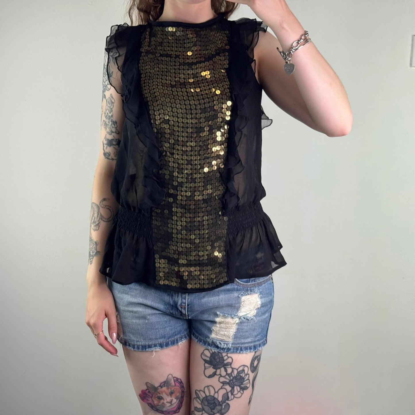 Y2K vintage sheer sequin top frill gold embellished open back bow black party
