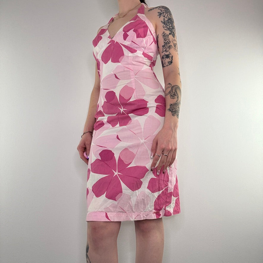 Y2K hibiscus halter neck midi dress