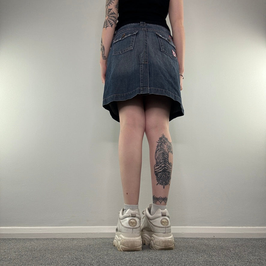 Y2K cargo patches denim midi skirt