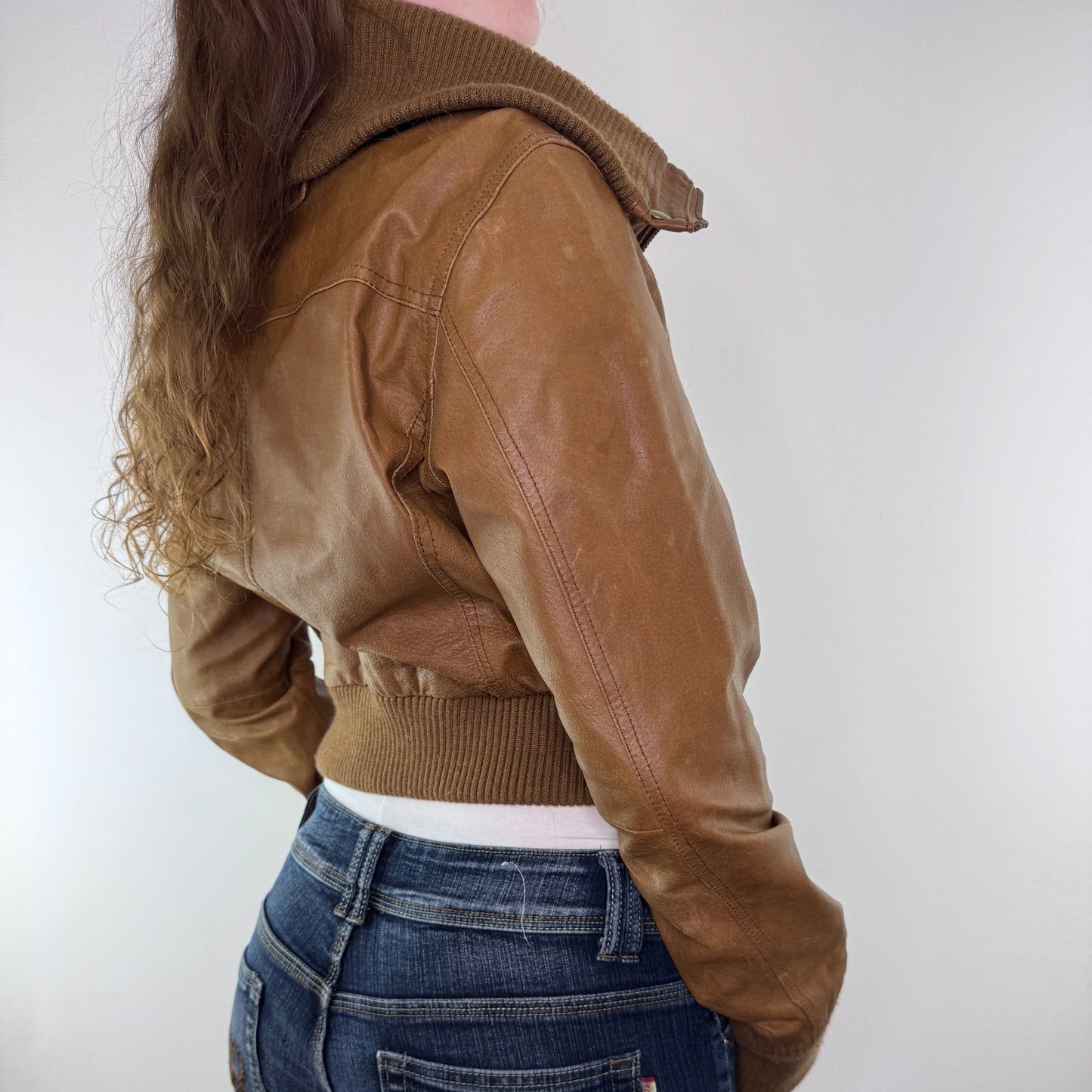 Y2K vintage brown zip up leather jacket