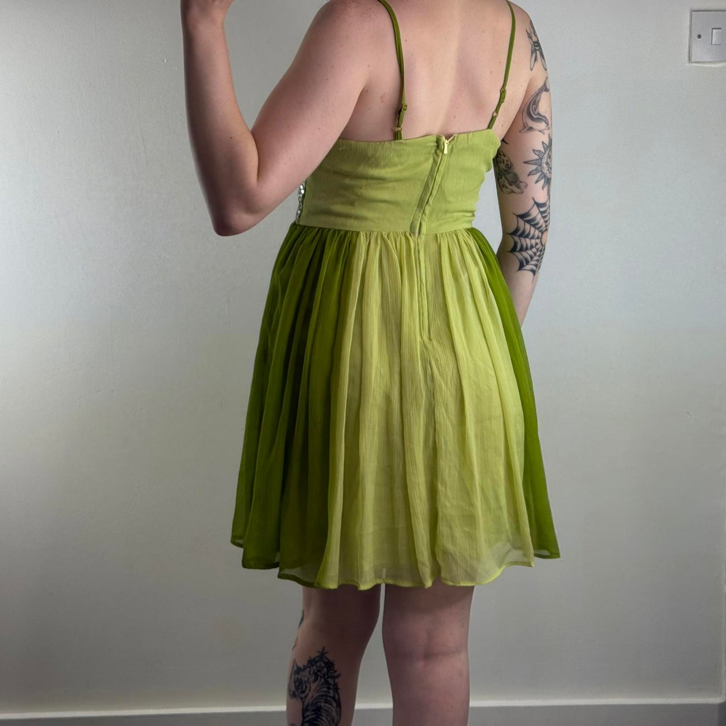 Y2K vintage green ombre sequin mini dress floaty a line ruched strappy