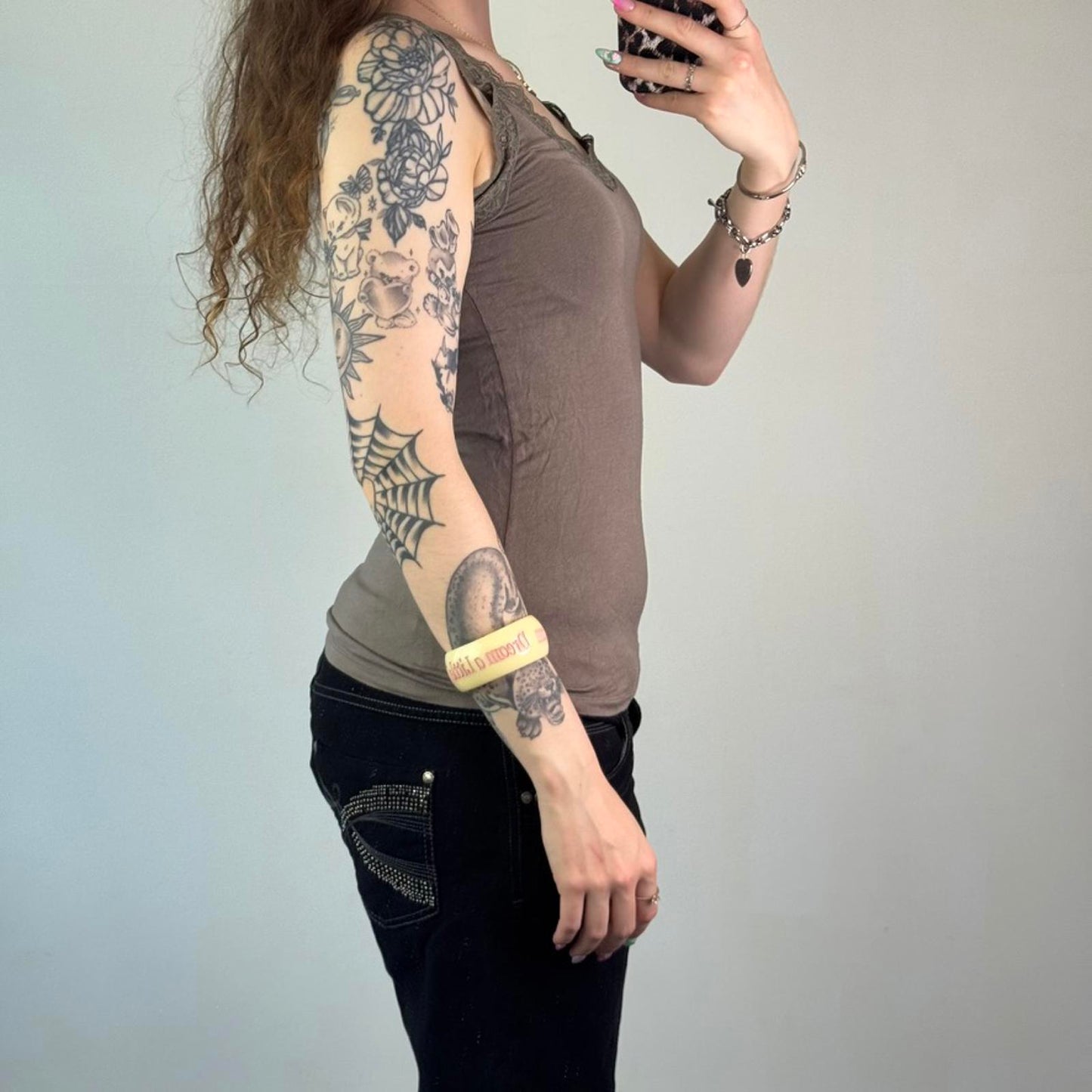 Y2K vintage lace trim v neck brown cami tank top chunky thick straps basic