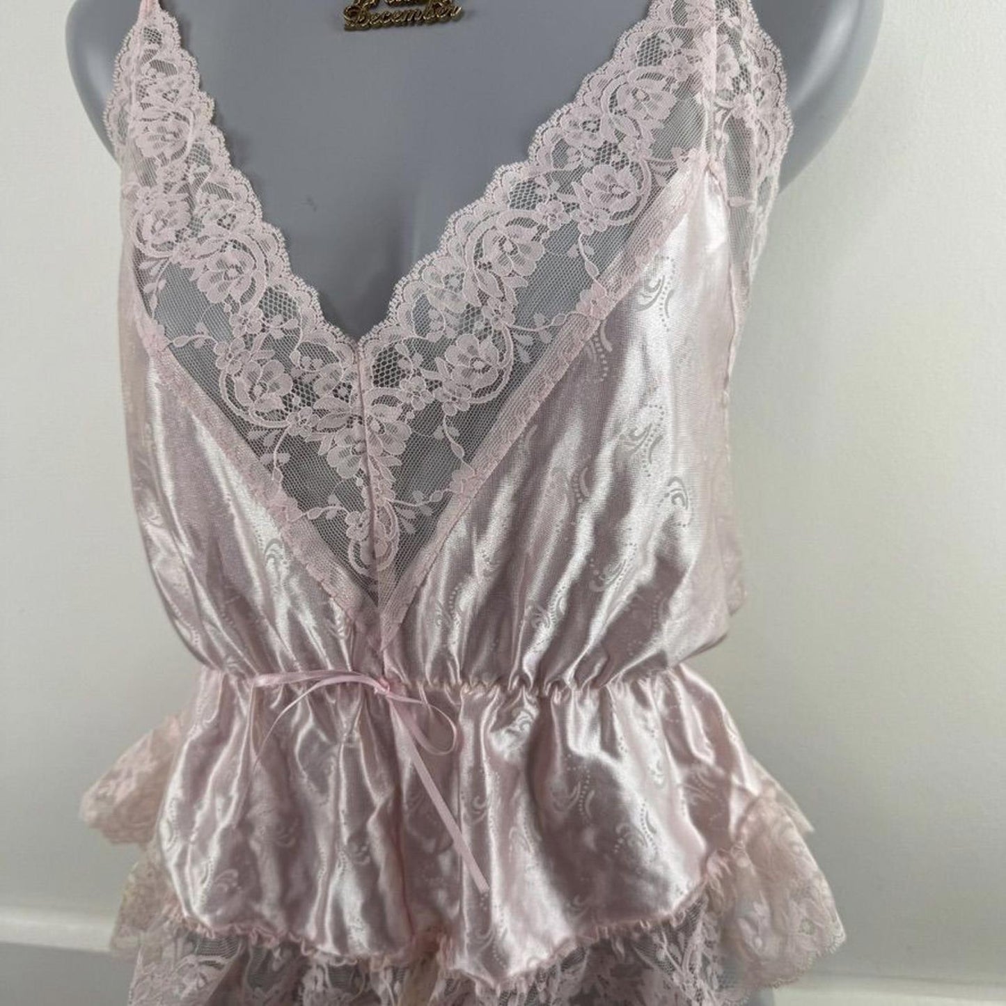 Vintage coquette satin lace trim lingerie top v neck frill strappy bow