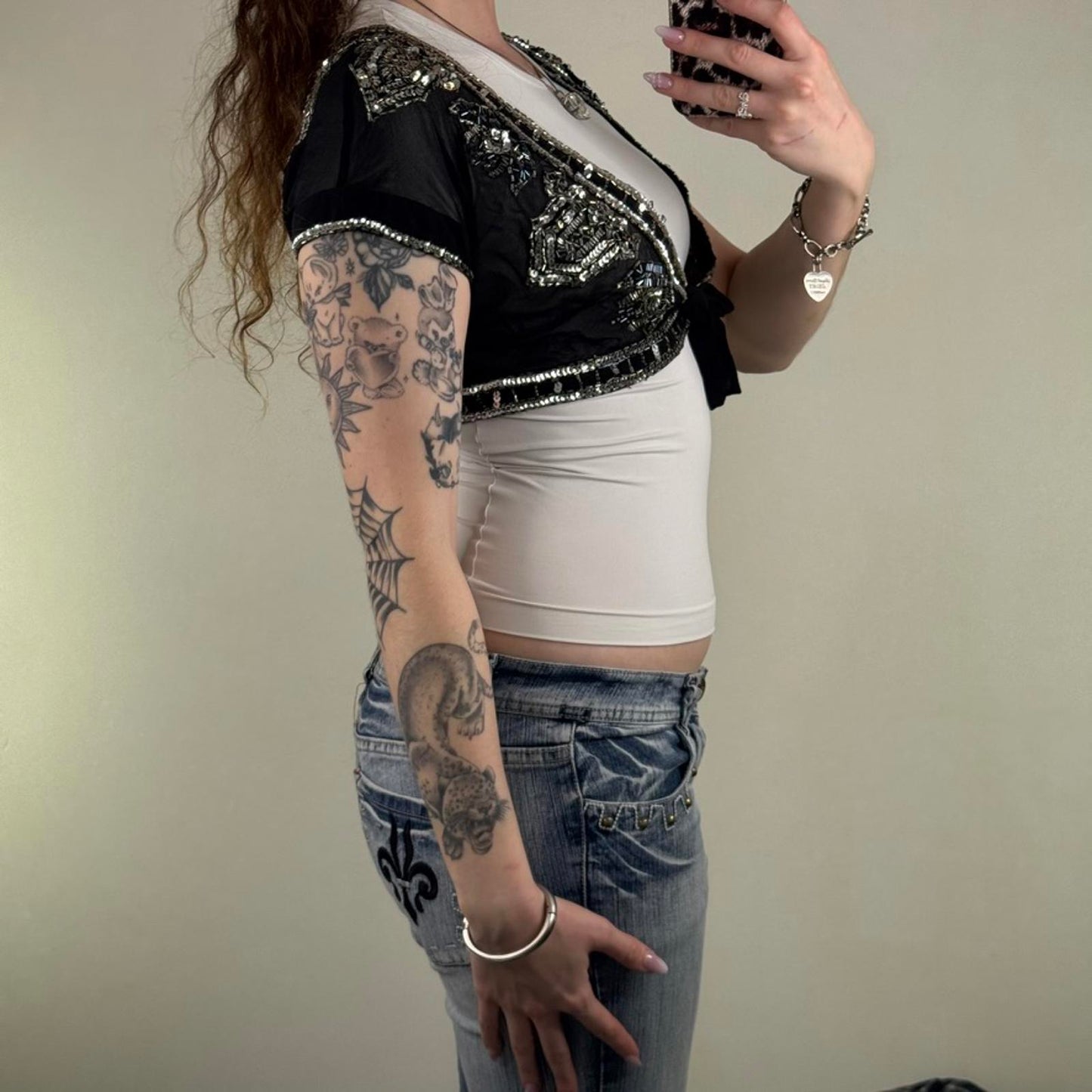 Y2K vintage 100% pure silk cropped bolero cardigan shawl sequin bow sheer v neck