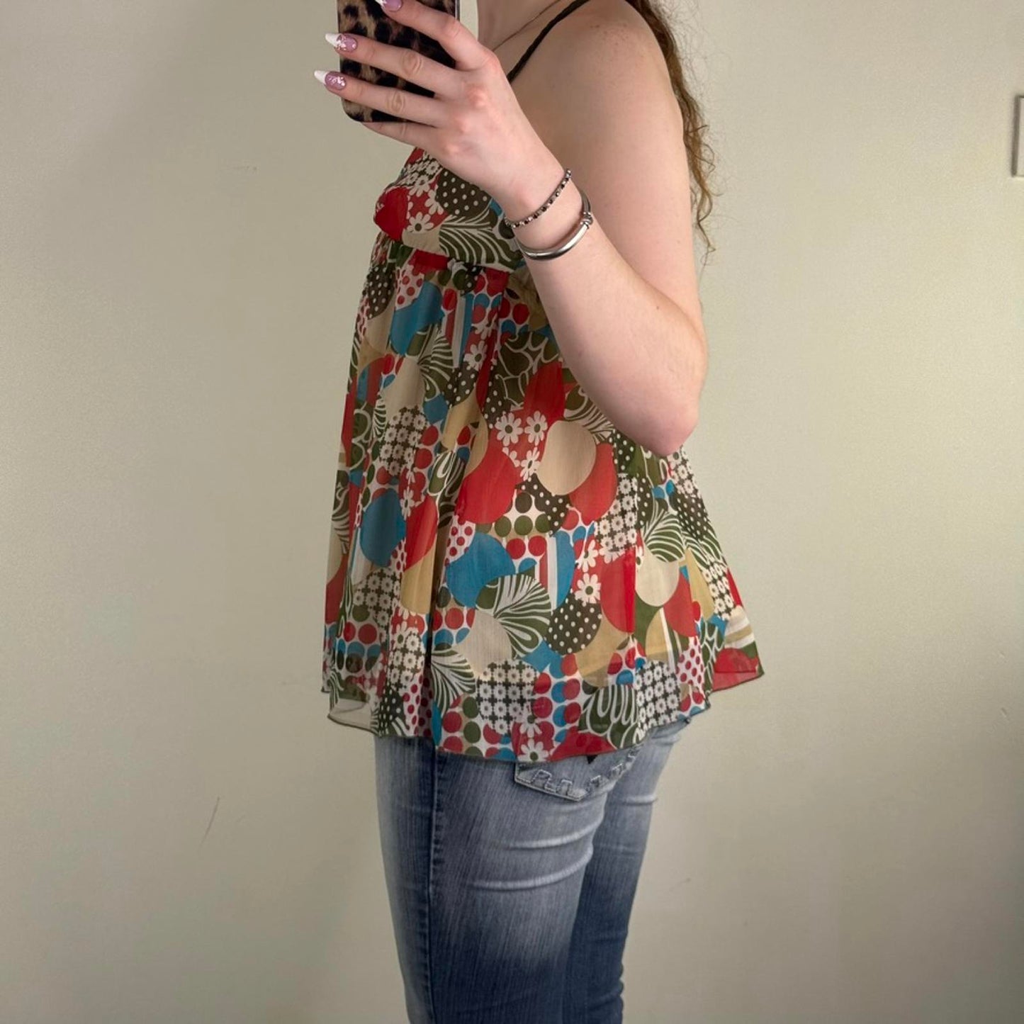Y2K vintage halter neck top flowy double layer abstract pattern braided v neck