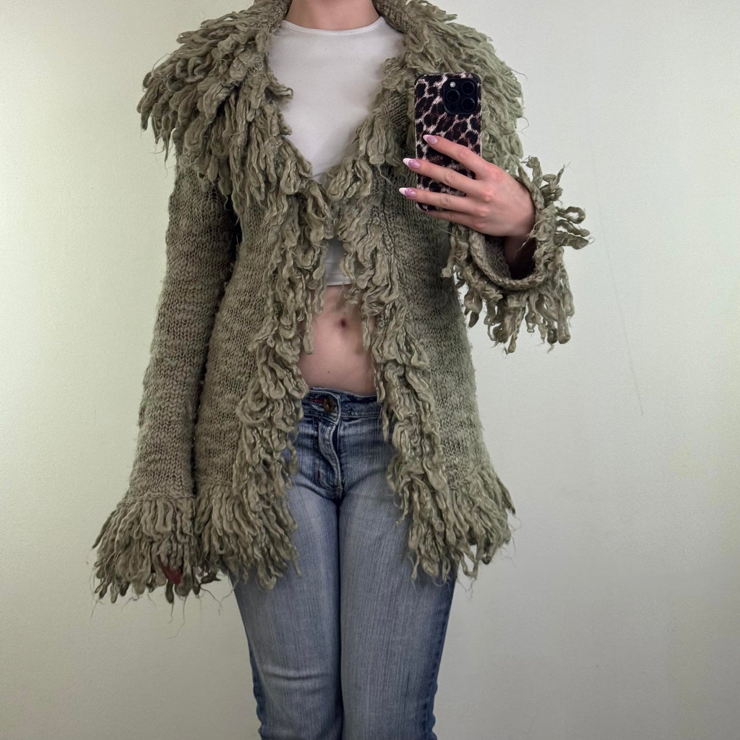 Y2K vintage wool blend shaggy chunky knit cardigan v neck mid length boho