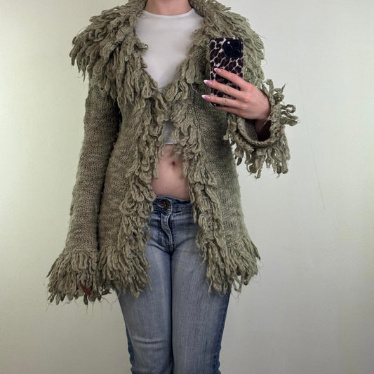 Y2K vintage wool blend shaggy chunky knit cardigan v neck mid length boho