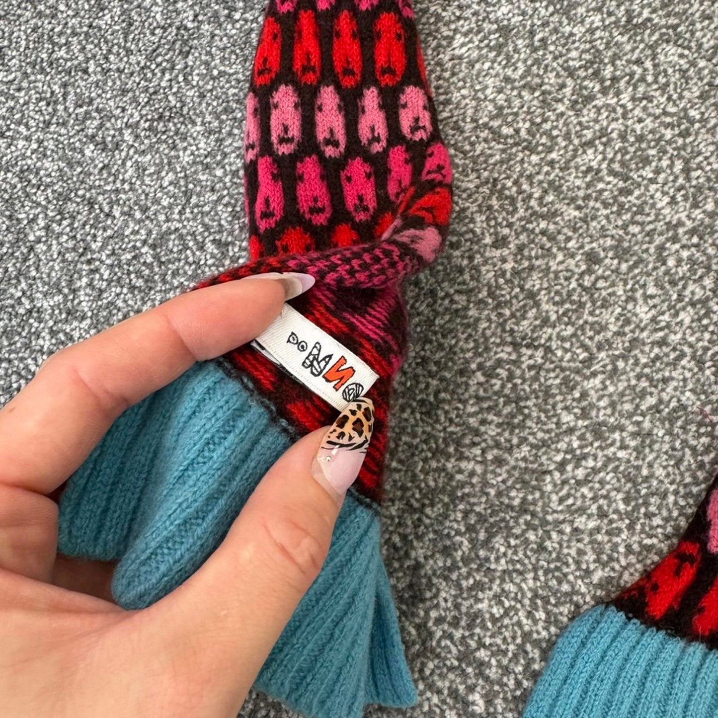 Donna Wilson wool scarf brown pink red faces pattern print blue