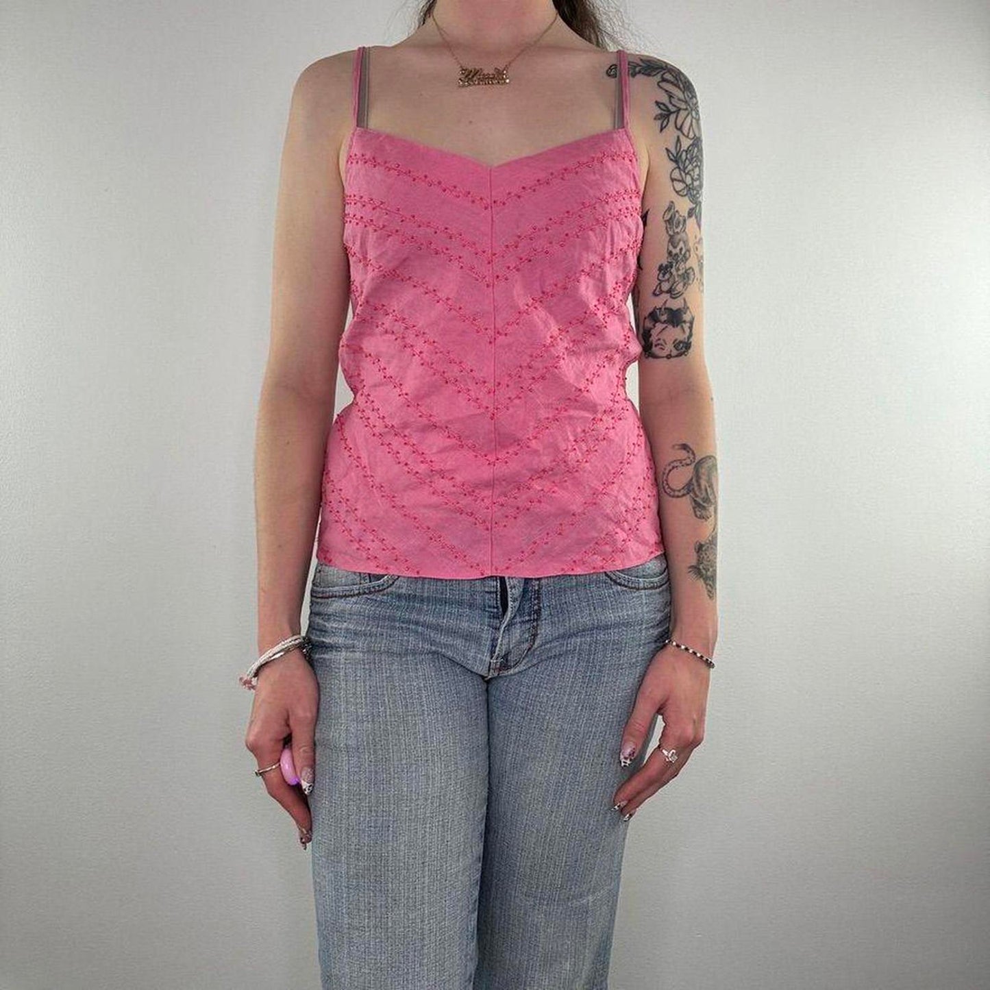 Y2K vintage 100% linen cami top adjustable bow beaded embroidered stripes v neck