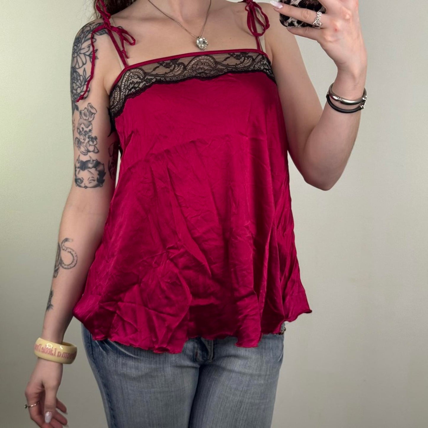 Myla 95% silk cami top adjustable bows flowy babydoll straight neckline red