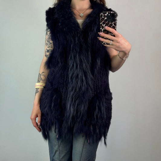 Genuine rabbit/ racoon fur sleeveless jacket gilet dark blue navy side pockets