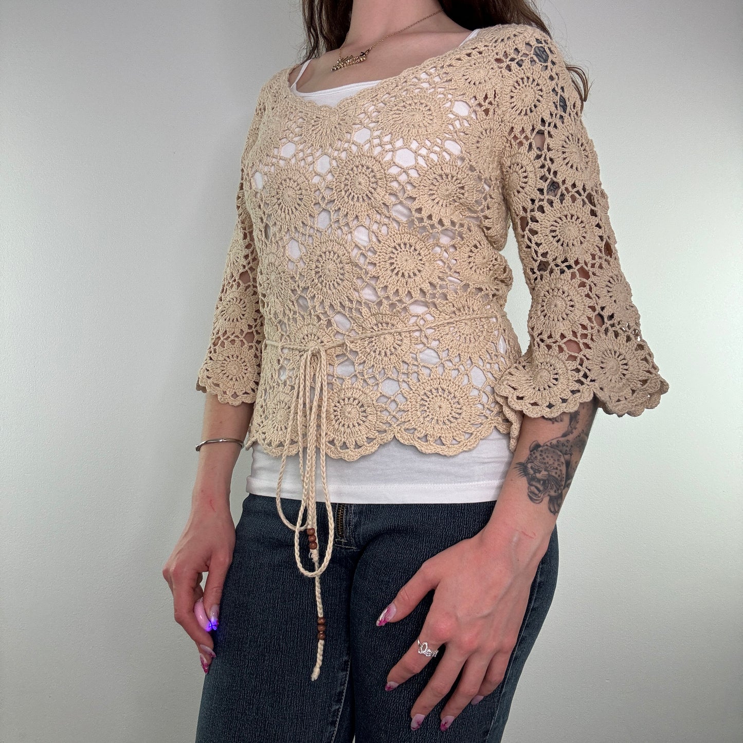 Y2K vintage crochet half sleeve bow top