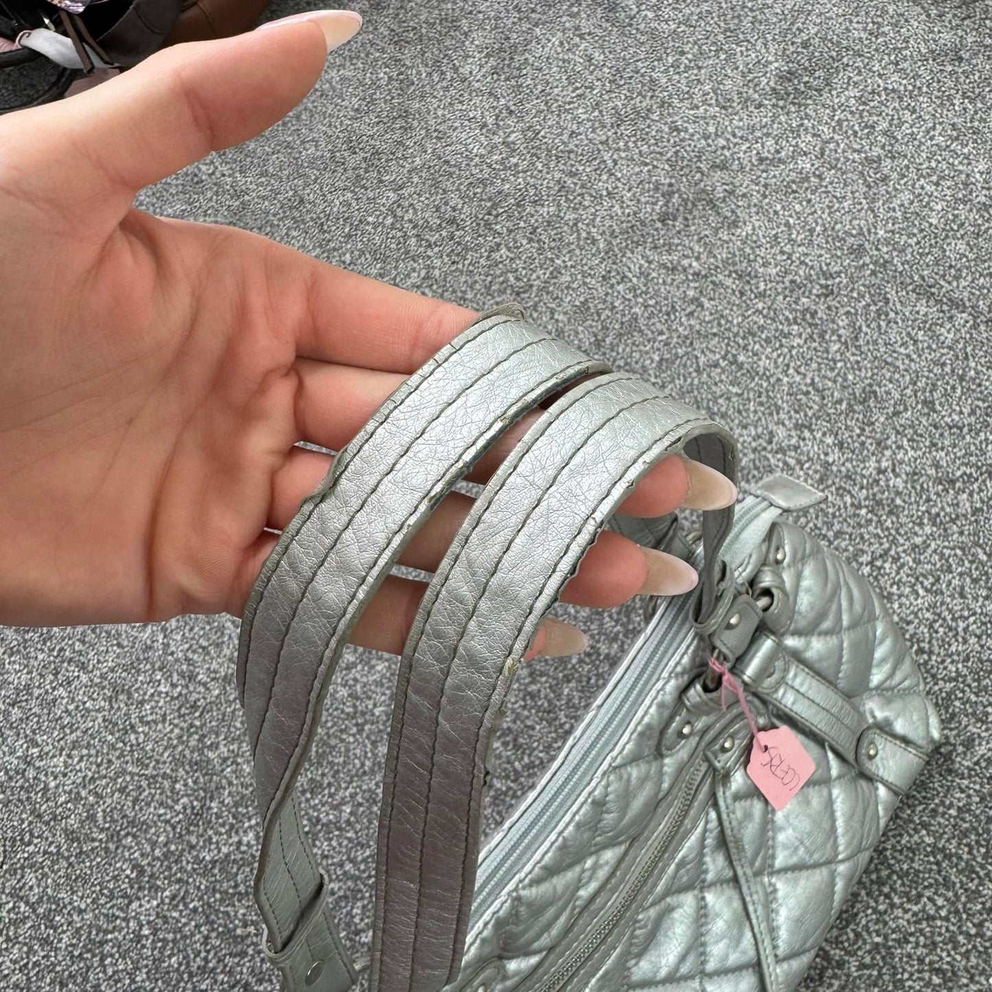 Y2K vintage faux leather silver shoulder bag quilted zipper studded O ring