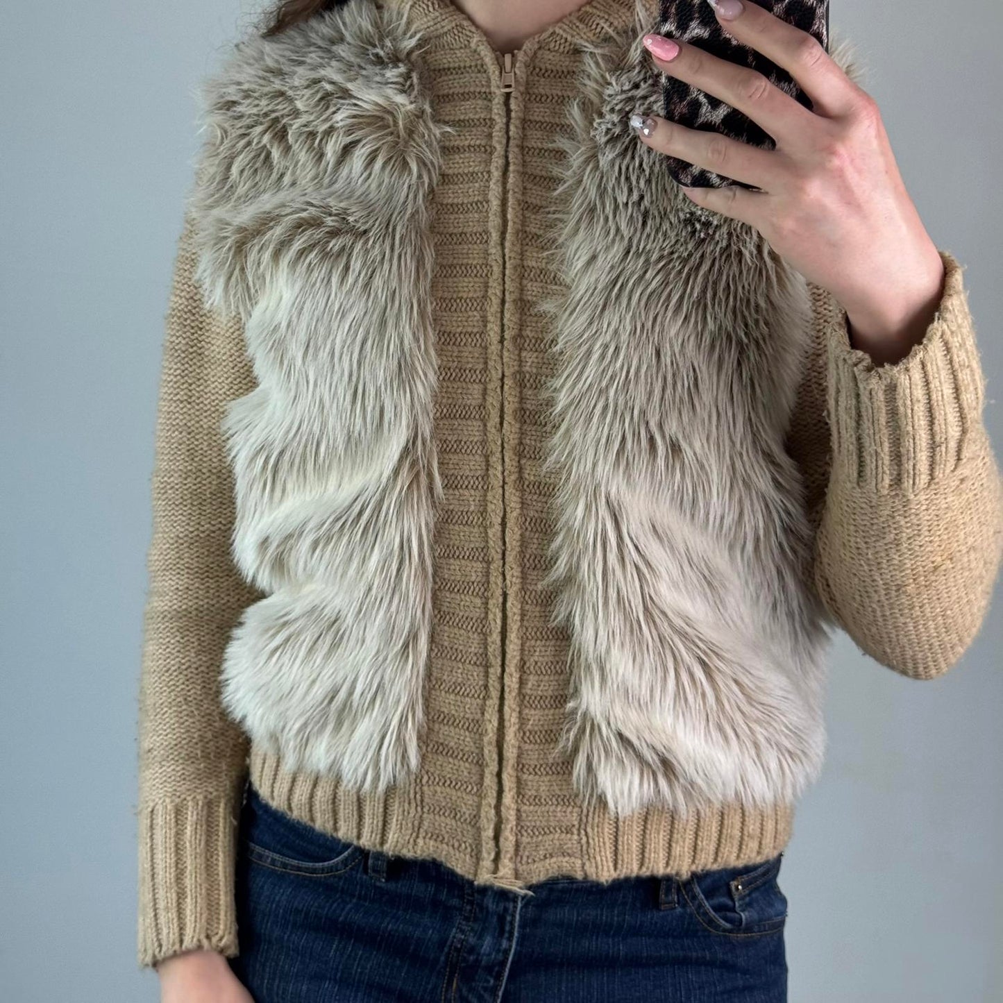 Y2K vintage faux fur zip up chunky knit hoodie mcbling