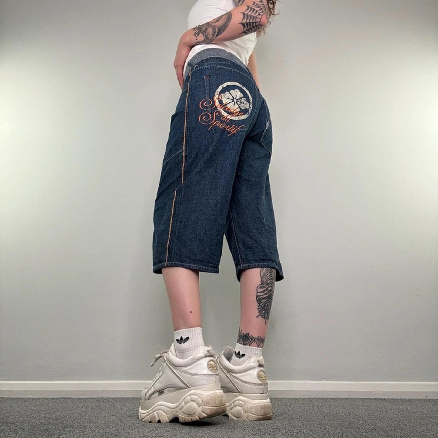 Y2K vintage Evisu reversible jorts denim shorts cropped capri baggy wide leg