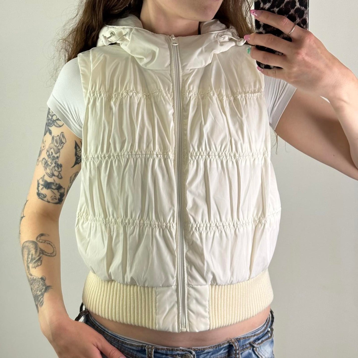 Y2K vintage ruched zip up gilet body warmer puffer hood sleeveless jacket