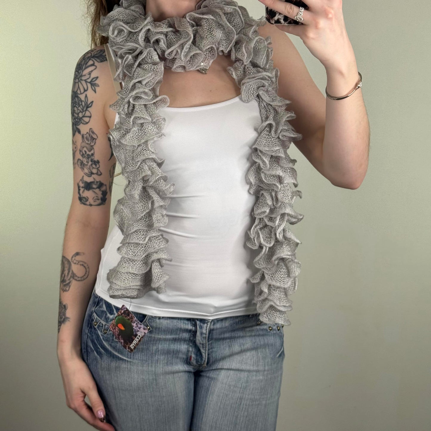 Y2K vintage knitted scarf ruffle layered sparkly grey glitter silver