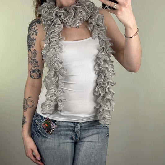 Y2K vintage knitted scarf ruffle layered sparkly grey glitter silver
