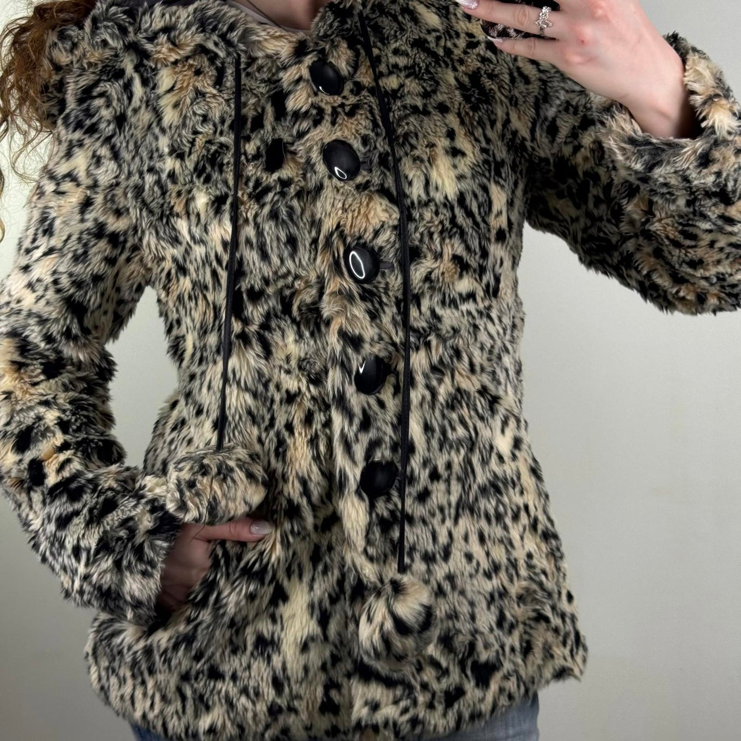 Y2K vintage River Island faux fur leopard print coat button up with hood pom pom