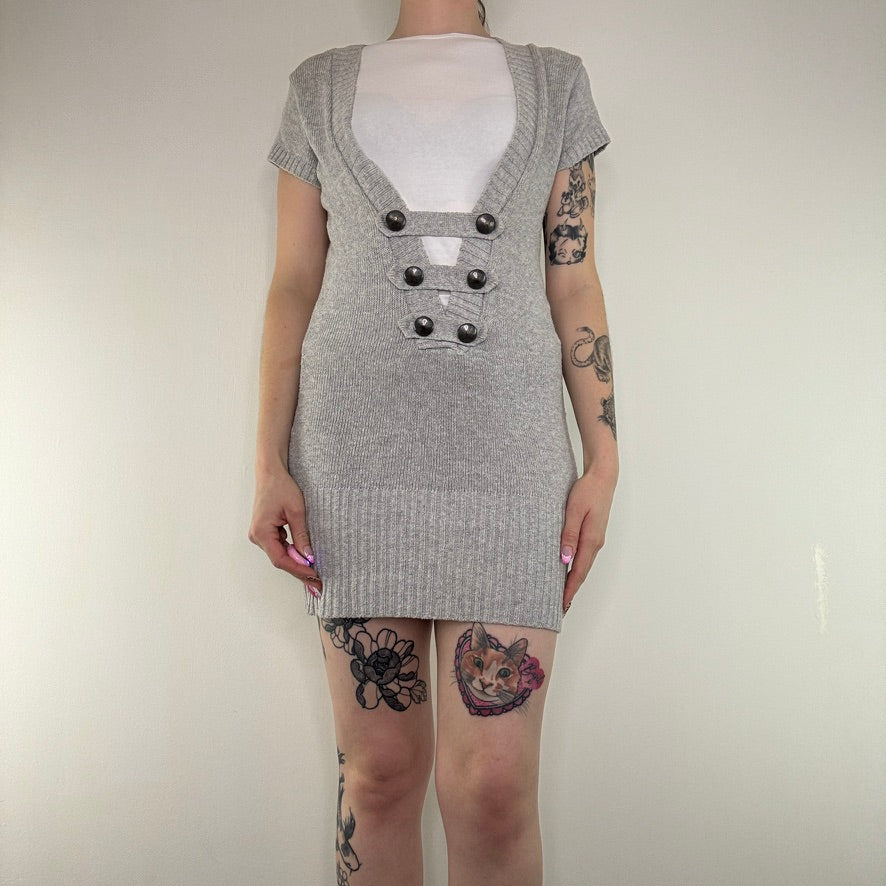 Y2K vintage Jane Norman long tunic /mini dress knit military buckle v neck