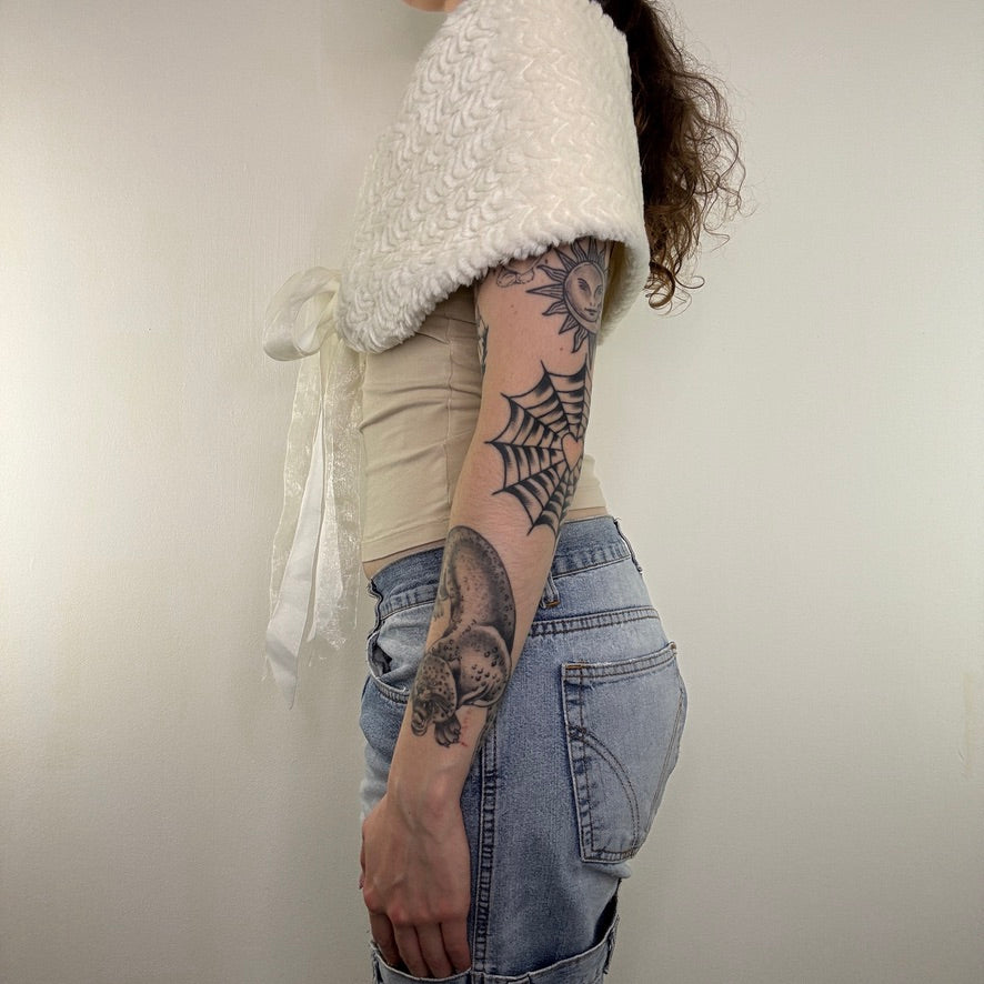 Y2K vintage white faux fur shawl cover up bow