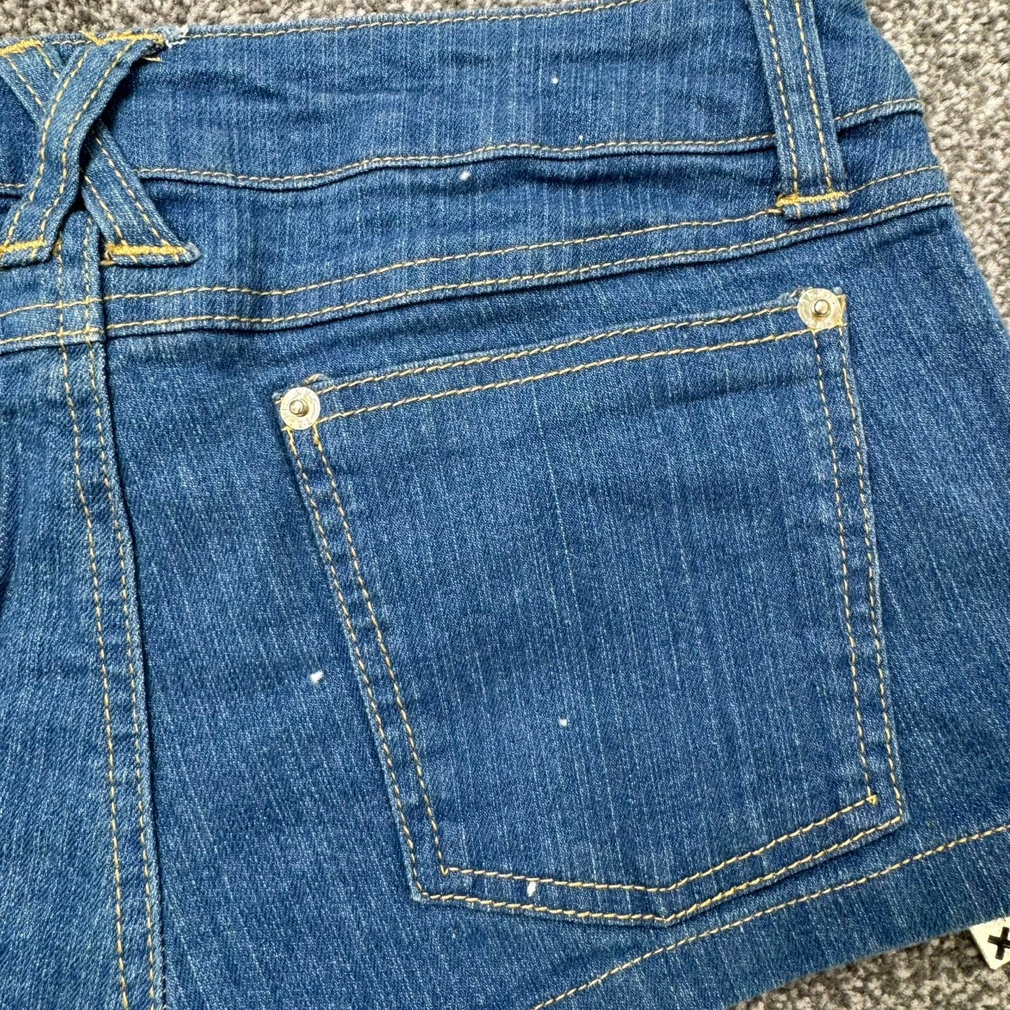 Tripp NYC low rise denim mini shorts studded zipper blue wash stretchy micro